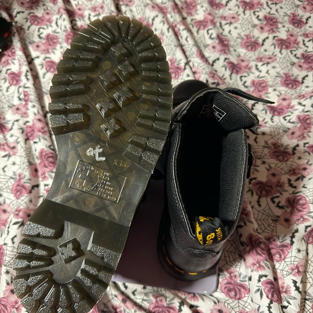 Dr. Martens Black Leather Double-Strap Boots with Yellow Stitching - Picture 3 of 4